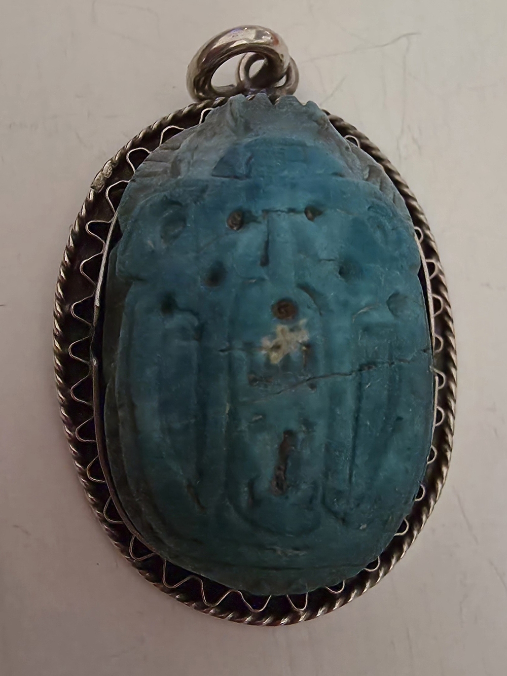 Vintage Egyptian Revival Faience Scarab Pendant, Carved Blue Beetle Amulet